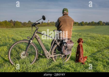 Ein Mann sitzt auf dem Gepäckträger seines Fahrrads in der Sonne auf einer grünen Wiese. Sein irischer Setter-Hund sitzt im Gras neben ihm. Beide blicken über t Stockfoto