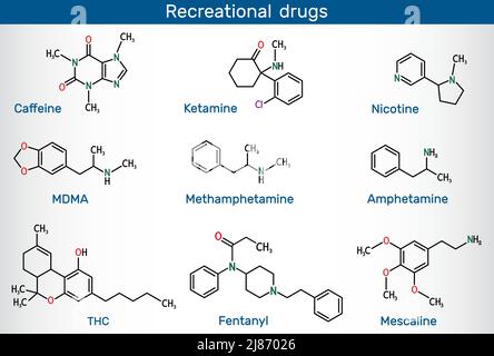 Koffein, Nikotin, Amphetamin, Methamphetamin (Kristallmeth), MDMA, Fentanyl, Ketamin, Tetrahydrocannabinol, Meskalin. Freizeitdrogen. Vektor Stock Vektor