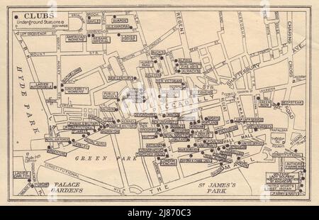 LONDON GENTLEMENS' & LADIES CLUBS. St James's Mayfair Whitehall 1948 alte Karte Stockfoto
