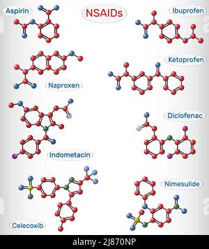 Nimesulid, Aspirin, Acetylsalicylsäure, Ibuprofen, Diclofenac, Indometacin, Naproxen, Ketoprofen, Nimesulid, Celecoxib-Moleküle. Es handelt sich um NSAIDs. Ve Stock Vektor