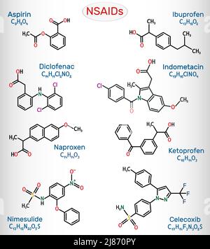 Nimesulid, Aspirin, Acetylsalicylsäure, Ibuprofen, Diclofenac, Indometacin, Naproxen, Ketoprofen, Nimesulid, Celecoxib-Moleküle. Es handelt sich um NSAIDs. Ve Stock Vektor