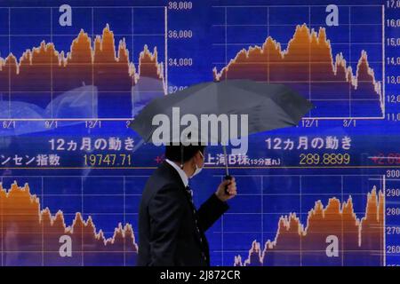 Ein Mann, der einen Regenschirm hält, kommt an einer elektronischen Tafel vorbei, auf der Japans Nikkei-Index vor einer Brokerage während des Covid-19-Ausbruchs in Tokio angezeigt wird. Stockfoto