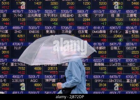 Ein Mann, der einen Regenschirm hält, kommt an einer elektronischen Tafel vorbei, auf der Japans Nikkei-Index vor einer Brokerage während des Covid-19-Ausbruchs in Tokio angezeigt wird. Stockfoto