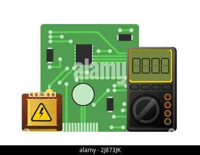 Satz von Funkkomponenten und Multimeter. Element für Funkschaltung. Objekt auf weißem Hintergrund isoliert. Elektronik-Details. Vektor. Stock Vektor