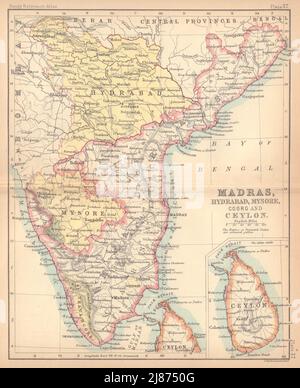 Britisch-Indien-Süd. Madras Hydrabad Mysore Coorg Ceylon. BARTHOLOMEW 1888-Karte Stockfoto