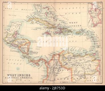 Westindien Und Mittelamerika. Karibik. BARTHOLOMEW 1888 alte antike Landkarte Stockfoto