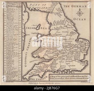 "... Der wichtigsten Kreuzung Thro England & Wales. Badeslade & Toms 1742 Karte Stockfoto