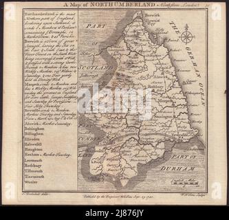 Antike Grafschaft Landkarte von Northumberland durch Badeslade & Toms 1742 alt Stockfoto
