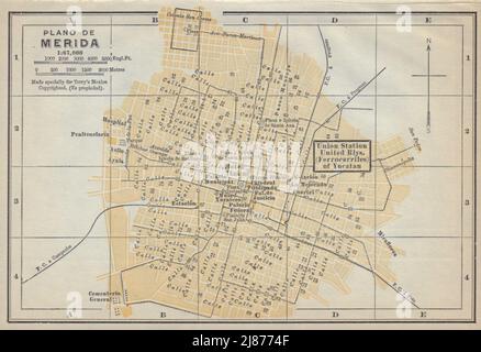 Plano de MERIDA, Mexiko. Mapa de la ciudad. Stadtplan 1938 alt Stockfoto