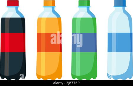 Set aus alkoholfreien Getränken in Kunststoff- und Aluminiumverpackungen. Kohlensäurehaltiges Wasser mit verschiedenen Geschmacksrichtungen. Vektor, Illustration in flachem Stil isoliert auf weißem BA Stock Vektor