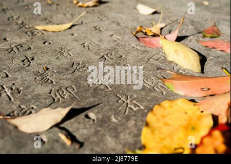 Eine Tabelle mit chinesischen Schriftzeichen in einem Stein gemeißelt. Hintergrund. Stockfoto