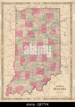 Johnson's Indiana. US-Staatskarte mit der alten antiken Karte der Grafschaften 1865 Stockfoto