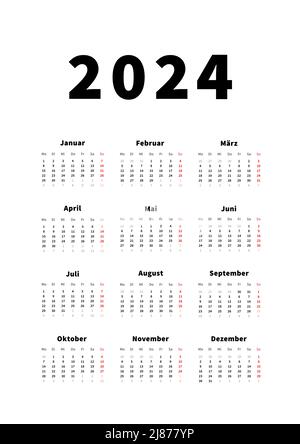 2024 Jahre einfacher vertikaler Kalender in deutscher Sprache, typografischer Kalender isoliert auf Weiß Stock Vektor