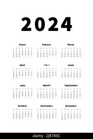 2024 Jahre einfacher vertikaler Kalender in spanischer Sprache, typografischer Kalender auf Weiß Stock Vektor
