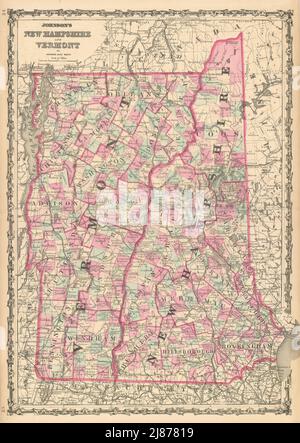 Johnsons New Hampshire und Vermont. US-State-Karte mit 1862 alten Grafschaften Stockfoto