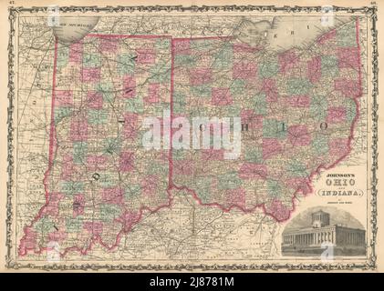 Johnson's Ohio & Indiana. US-Staatskarte zeigt Grafschaften 1862 alte Antike Stockfoto