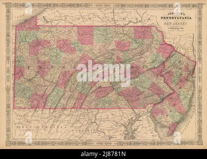 Johnson's Pennsylvania und New Jersey. US-State-Karte mit den Grafschaften 1867 Stockfoto