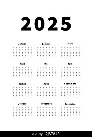 2025 Jahre einfacher vertikaler Kalender in französischer Sprache, typografischer Kalender auf Weiß Stock Vektor