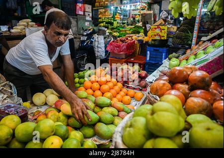 Rajpur Sonarpur, Westbengalen, Indien. 13.. Mai 2022. Ein Obsthändler arrangiert Mangos in seinem Laden in Kalkutta, da die indische Einzelhandelsinflation, gemessen am Verbraucherpreisindex (CPI), im April 2022 auf ein Acht-Jahres-hoch von 7,79 Prozent stieg, so Berichte indischer Medien. (Bild: © Sankhadeep Banerjee/ZUMA Press Wire) Quelle: ZUMA Press, Inc./Alamy Live News Stockfoto