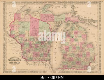Johnson's Wisconsin & Michigan. Zustandskarte mit Grafschaften. Great Lakes 1867 Stockfoto