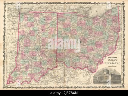 Johnson's Ohio & Indiana. US-Staatskarte zeigt Grafschaften 1863 alte Antike Stockfoto