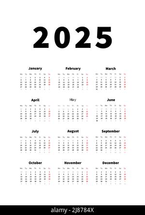2025 Jahre einfacher vertikaler Kalender in englischer Sprache, typografischer Kalender isoliert auf Weiß Stock Vektor
