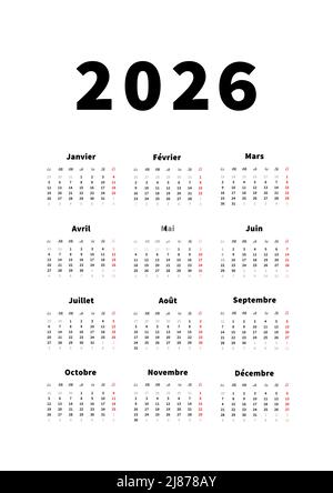 2026 Jahre einfacher vertikaler Kalender in französischer Sprache, typografischer Kalender auf Weiß Stock Vektor