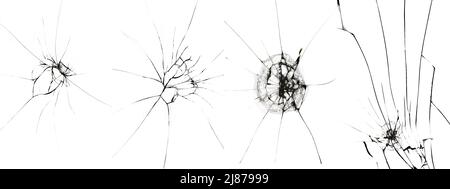 Satz von gebrochenem Glas-Effekt, Risse auf weißem Hintergrund. Textur für Design Stockfoto