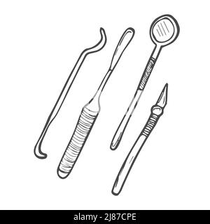 Set für Zahnheilkunde Inspektion auf einem Doodle Hand Draw Stil. Stock Vektor