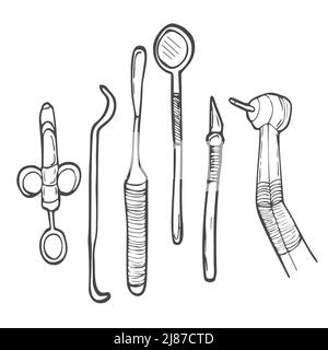 Set für Zahnheilkunde Inspektion auf einem Doodle Hand Draw Stil. Stock Vektor