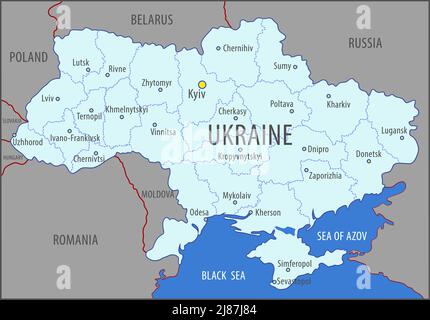 Ukraine. Karte des Territoriums des ukrainischen Staates in Regionen unterteilt, zeigt die Hauptstadt und die regionalen Zentren, die benachbarten Landkreisen Stock Vektor