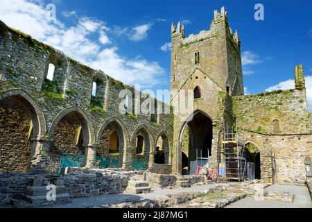 Jerpoint Abbey, eine zerstörte Zisterzienserabtei, in der zweiten Hälfte des 12. Jahrhunderts gegründet, in der Nähe von Thomastown, County Kilkenny, Irland. Stockfoto