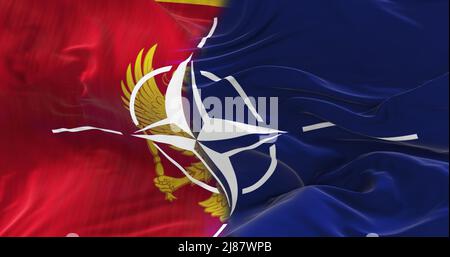 Minsk, Weißrussland - Mai, 2021: Flagge Montenegros und der NATO bei bewölktem Himmel Hintergrund auf Sonnenuntergang. Zusammenarbeit Patriot Konzept. Nordatlantikvertragsorgan Stockfoto