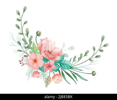 Aquarell-Blüten illlustriert für Hochzeitseinladung mit korallenen Anemonen, Knospen und grünen Blättern. Blumenkranz mit weißem Hintergrund. Stock Vektor