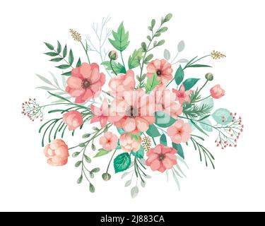 Aquarell-Blüten illlustriert für Hochzeitseinladung mit korallenen Anemonen, Knospen und grünen Blättern. Blumenarrangement mit weißem Hintergrund. Stock Vektor