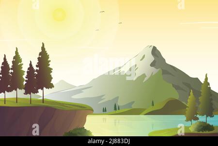 Naturlandschaft am See mit Sonnenlicht und Berg Vektor Illustration. Stock Vektor