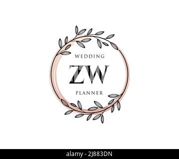 ZW Initialen Brief Hochzeit Monogramm Logos Kollektion, handgezeichnete moderne minimalistische und florale Vorlagen für Einladungskarten, Save the Date, elegant Stock Vektor