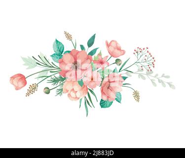 Aquarell-Blüten illlustriert für Hochzeitseinladung mit korallenen Anemonen, Knospen und grünen Blättern. Blumenarrangement mit weißem Hintergrund. Stock Vektor