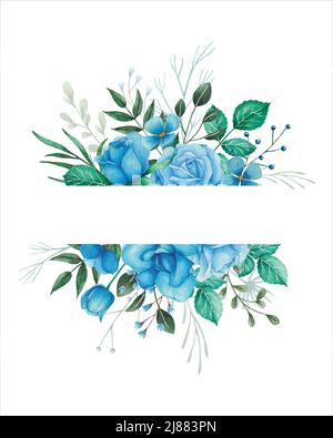 Aquarell-Blüten illlustration für Hochzeitseinladung mit blauen Rosen, Knospen und grünen Blättern. Blumenrahmen mit weißem Hintergrund, dekoratives Design. Stock Vektor