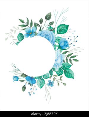 Aquarell-Blüten illlustration für Hochzeitseinladung mit blauen Rosen, Knospen und grünen Blättern. Blumenrahmen mit weißem Hintergrund, dekoratives Design. Stock Vektor
