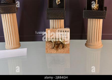 Rom, Italien. 13.. Mai 2022. Ein Schmuck mit "She-Wolf" ist in den Kapitolinischen Museen in Rom, Italien, am 13. Mai 2022 zu sehen. Eine der prestigeträchtigen Sammlungen der Kapitolinischen Museen ist die "She-Wolf", ein Meisterwerk der Bronzeskulptur, das auf der Legende basiert, die den Zwillingen Romulus und Remus, die in ihren Kinderschuhen von einem Wolf gerettet und gestäuzt worden waren, den Ursprung der Stadt beitrug. Quelle: Jin Mamengni/Xinhua/Alamy Live News Stockfoto
