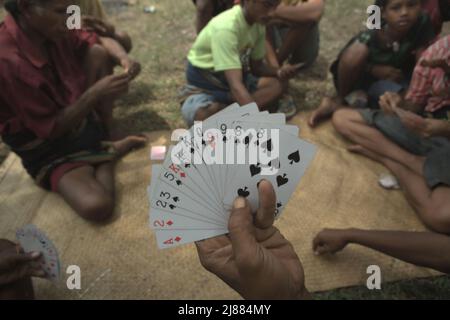 Menschen, die Karten spielen, während sie eine Pause von der Vorbereitung eines Rituals des Hausbaus und der Einweihung in Ratenggaro Village, Umbu Ngedo, Kodi Bangedo, Southwest Sumba, East Nusa Tenggara machen, Indonesien. Stockfoto