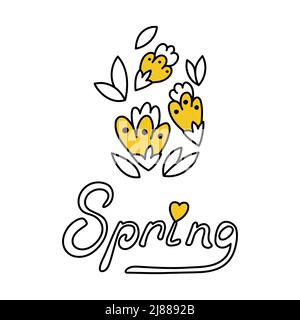 Blumen und Schriftzug Frühling. Niedliche Frühlingsikone im Doodle-Stil. Schlampige Beschriftung. Stylische Cliparts für Aufkleber, Grußkarten, Druck auf Kleidung und Verpackungen. Einfache Kinderillustrationen. Stock Vektor
