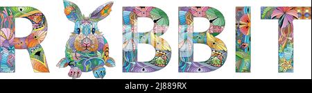 Handgemaltes Kunstdesign. Handgezeichnetes Illustrationswort Kaninchen für T-Shirt und andere Dekoration Stock Vektor