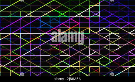 Bunt leuchtende geometrische Linien auf Schwarz. Minimalistischer Hintergrund. Stockfoto
