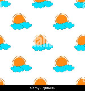 Kinder Zeichnung für Wolken und Sonne mit Flammen isoliert auf weißem Hintergrund ist in Nahtloses Muster - Vektor-Illustration Stock Vektor