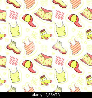 Nahtloses Muster aus heller Sommerkleidung, handgezeichnete Doodle-Elemente auf weißem Hintergrund. Kleidung für wohltätige Zwecke. Ärmelloses Hemd, T-Shirt, Shorts, SoC Stock Vektor