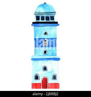 Aquarell handgezeichnete Illustration des blauen Leuchtturms. Turm im Cartoon-Stil. Design für Karten, Hintergründe, Dekorationen, Etiketten, Party-Dekor. Stockfoto