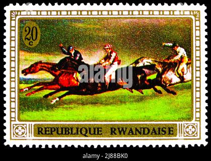 MOSKAU, RUSSLAND - 10. APRIL 2022: Die in Ruanda gedruckte Briefmarke zeigt das Epsom Derby von Theodore Gericault, dem Pferd der Painting Art Serie, CIR Stockfoto