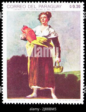 MOSKAU, RUSSLAND - 10. APRIL 2022: Die in Paraguay gedruckte Briefmarke zeigt The Water Carrier, De Goya Francisco (1746-1828) spanish Painting Serie, circ Stockfoto